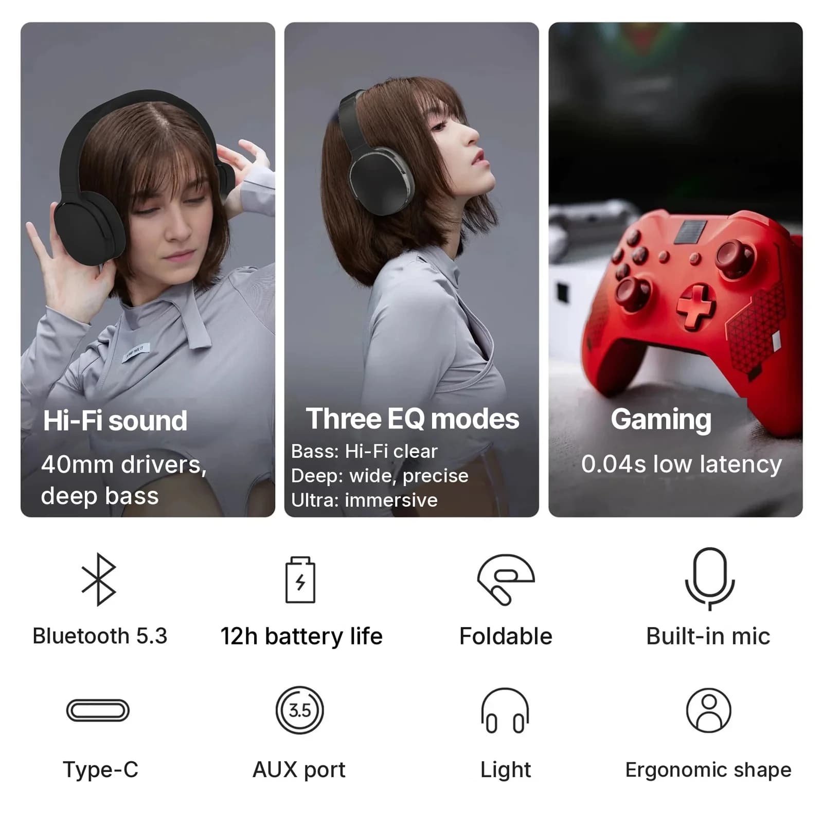 Kabellose Over-Ear-Bluetooth-Kopfhörer mit drei EQ-Modi und Mikrofon