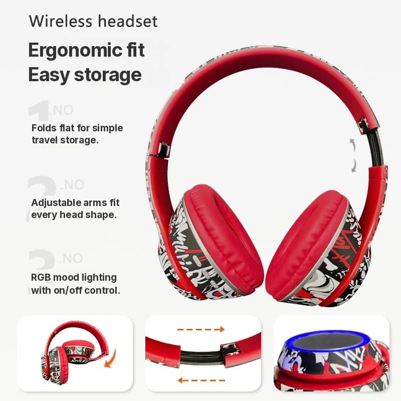 Graffiti Over-Ear Bluetooth-Kopfhörer mit LED-Lichtern und tiefem Bass