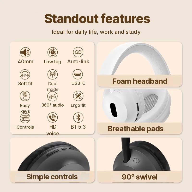 Kabellose Bluetooth Over-Ear-Kopfhörer mit Mikrofon und 3,5-mm-Audiokabel